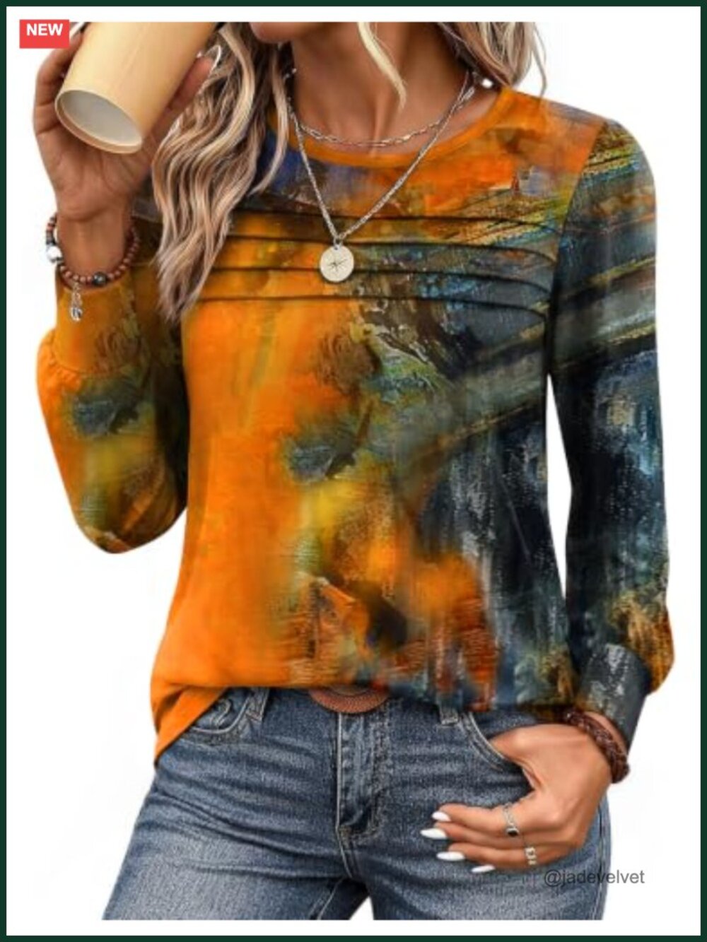 Long Sleeve Boho Tunic Crewneck Pleated Floral Blouse Flowy Fall Top